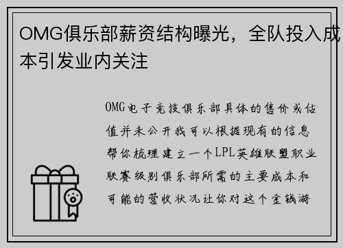 OMG俱乐部薪资结构曝光，全队投入成本引发业内关注